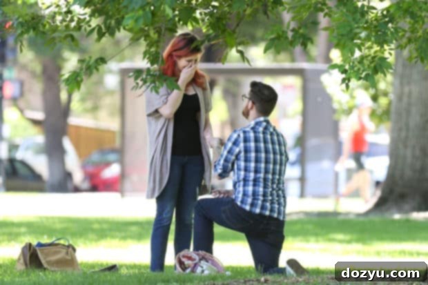 The Man on one knee, proposing during a picnic in the park