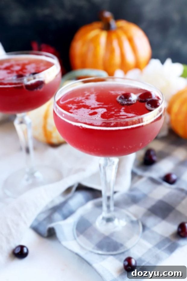 Effortless Autumn Fizz 8 Thanksgiving cocktail in an elegant glass, garnished with a sprig of rosemary and fresh cranberries, set against a cozy holiday background.