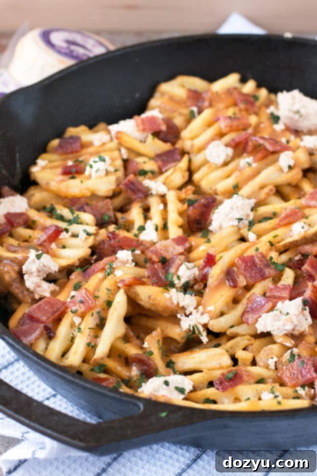 Waffle Fry Spicy Pepper Bacon Poutine | cakenknife.com #appetizer #snack #frenchfries