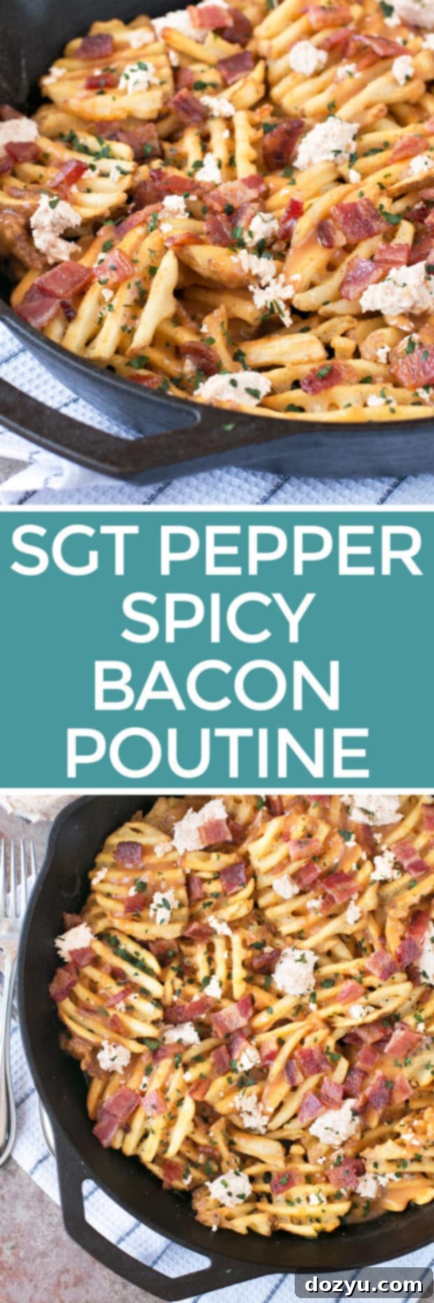 Waffle Fry Spicy Pepper Bacon Poutine | cakenknife.com #appetizer #snack #frenchfries