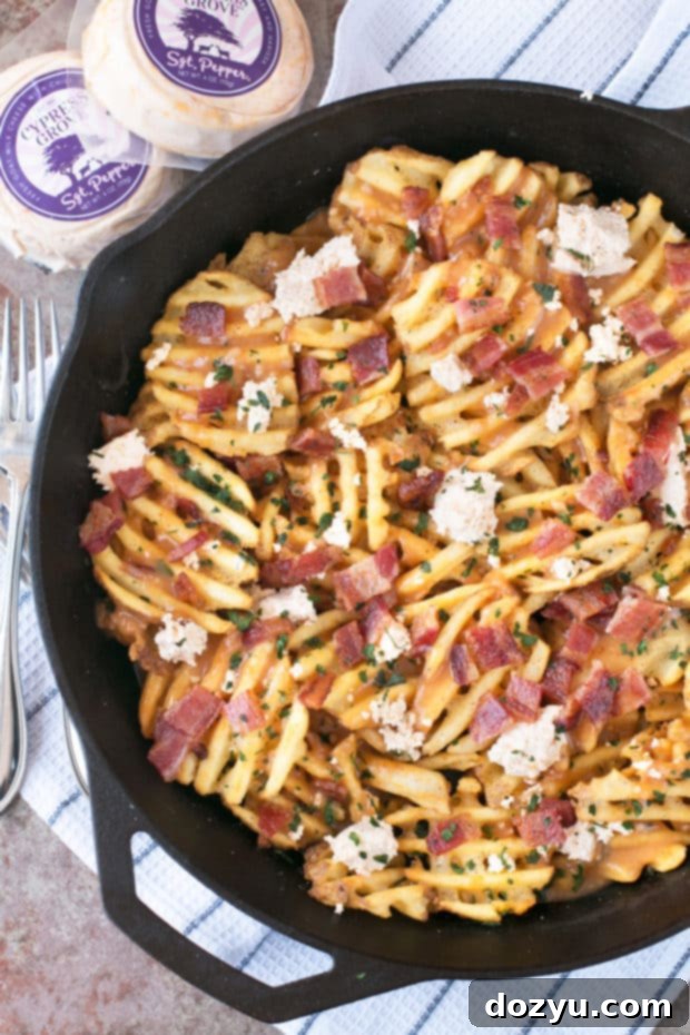 Waffle Fry Spicy Pepper Bacon Poutine | cakenknife.com #appetizer #snack #frenchfries