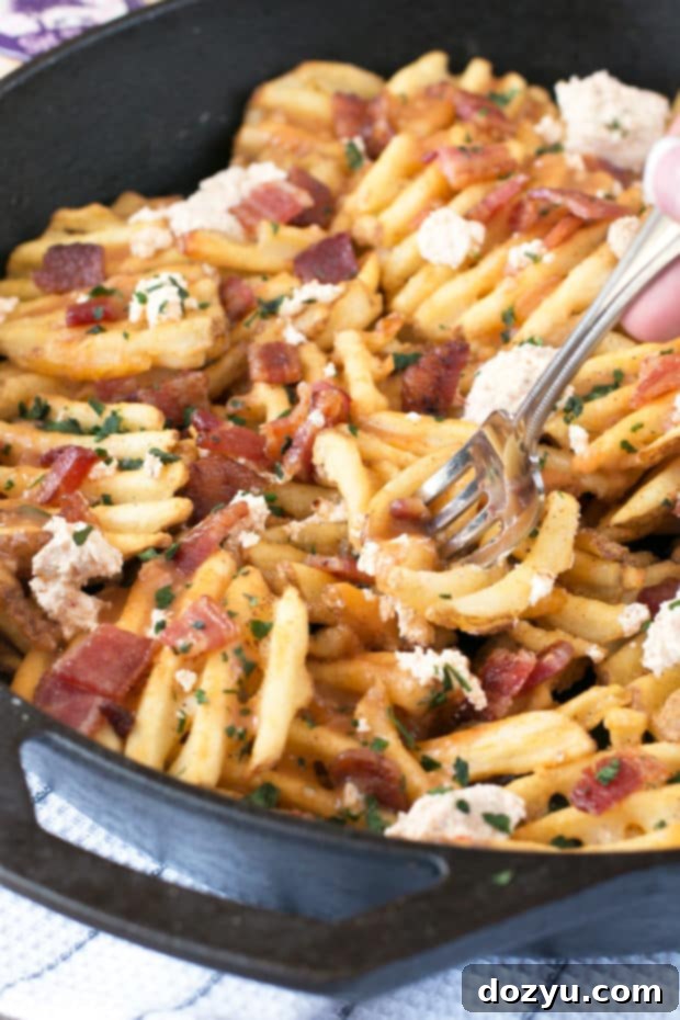 Waffle Fry Spicy Pepper Bacon Poutine | cakenknife.com #appetizer #snack #frenchfries