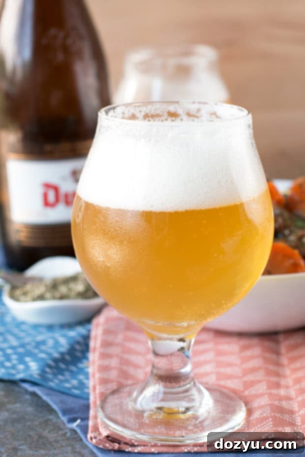 Carbonnades à la Flamande (Belgian Beer Beef Stew) | A close-up view of the hearty stew, showcasing its rich texture and savory appeal.