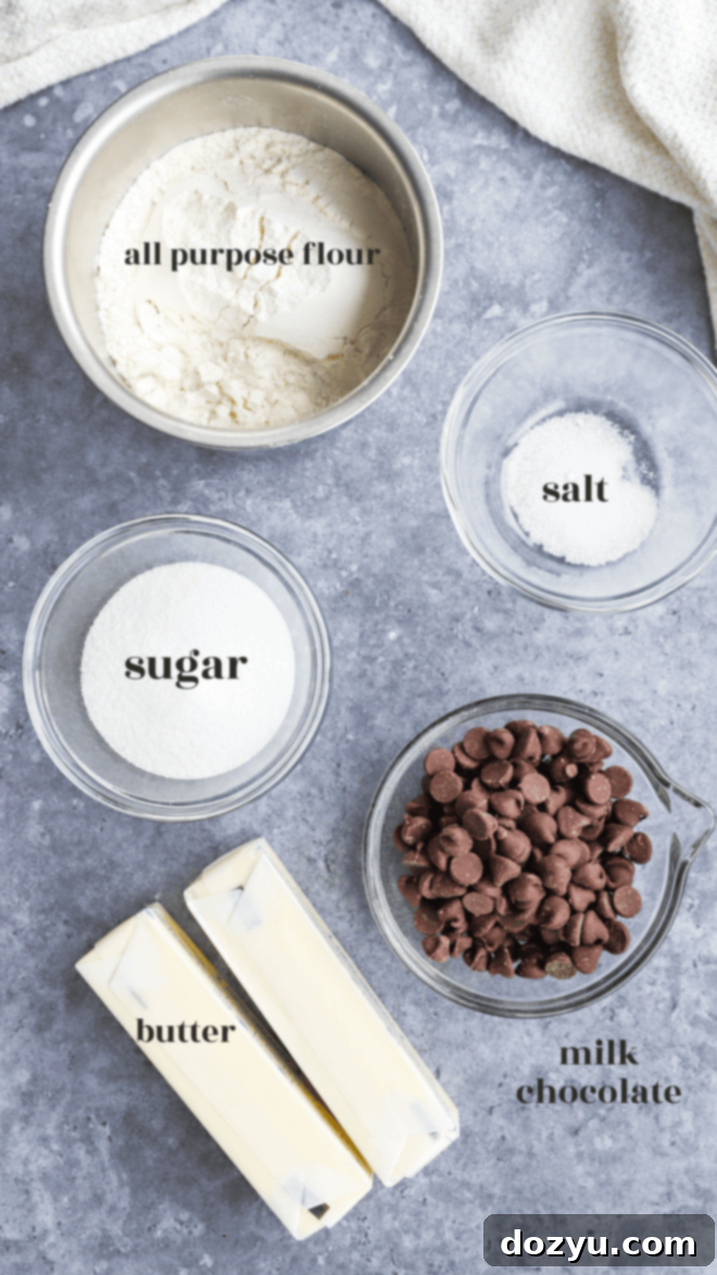 Decadent Milk Chocolate Dipped Shortbread 3 Ingredients laid out for making milk chocolate dipped shortbread cookies, including flour, sugar, butter, and chocolate chips.