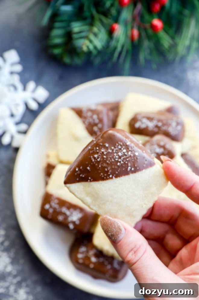 Decadent Milk Chocolate Dipped Shortbread 8 Two easy holiday cookies, half-dipped in milk chocolate and sprinkled with flaky sea salt, on a white surface.