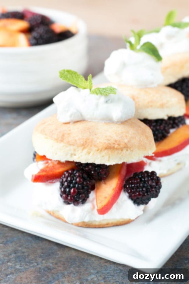 Delicious Blackberry Peach Shortcake Stacks with Fresh Mint Whipped Cream – perfect for summer gatherings.