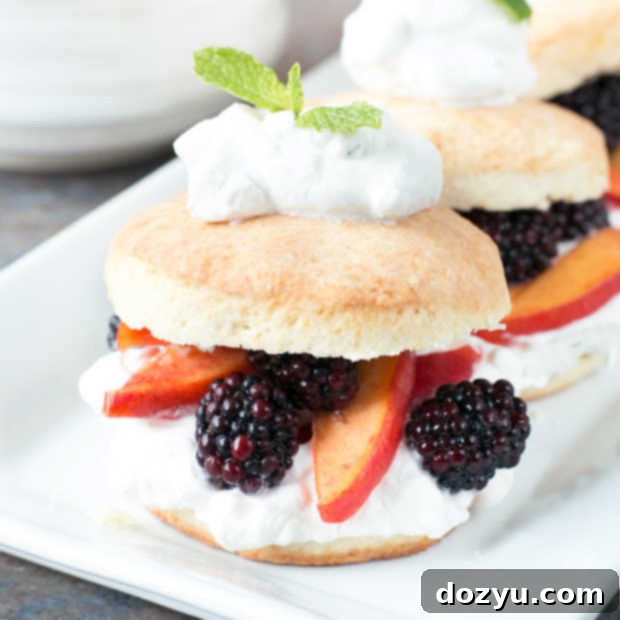Minty Peach and Blackberry Shortcake Towers 8 Blackberry Peach Shortcake Stacks with Mint Whipped Cream