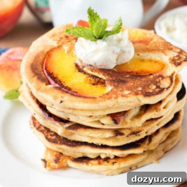 Golden Peach Pancakes with Whipped Mint Butter 10 Thumbnail image of peach pancakes with whipped mint butter and bourbon maple syrup. Perfect for a delicious and versatile breakfast or brunch.
