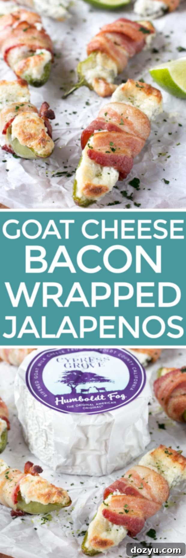 Pin for Goat Cheese Stuffed Bacon Wrapped Jalapeños recipe.