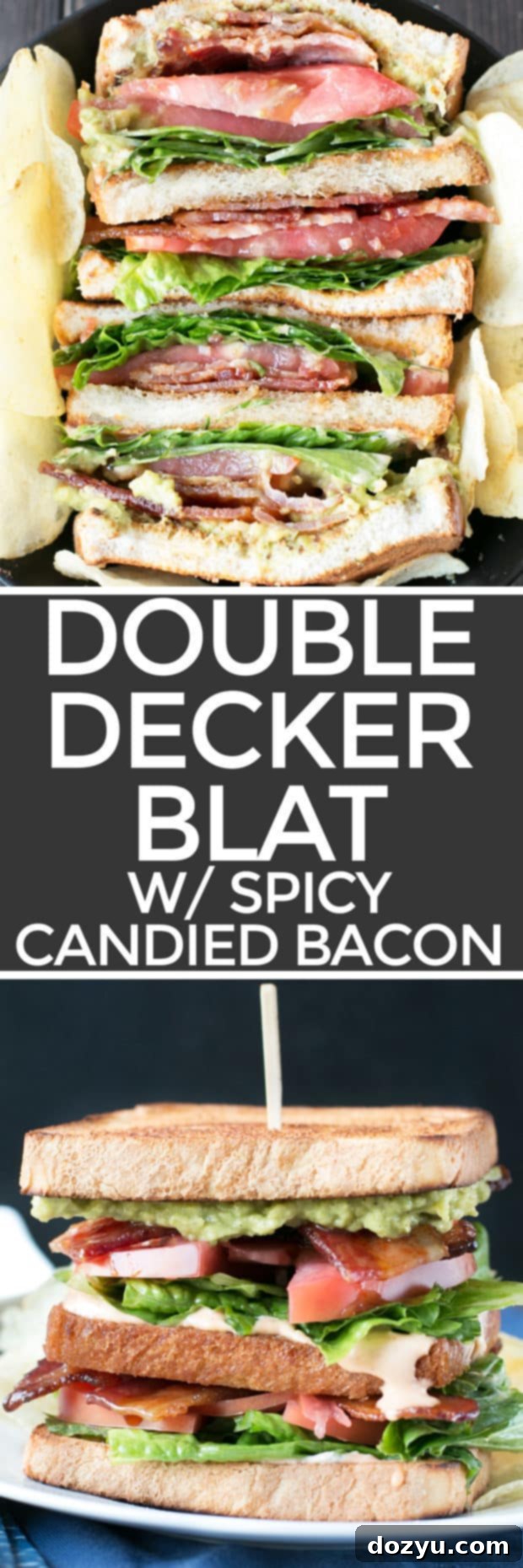 Blazing Bliss BLAT Tower 7 Pinterest optimized image for Double Decker BLAT with Spicy Candied Bacon recipe. Ideal for sharing and saving gourmet sandwich ideas. #lunch #sandwich #bacon #homemade