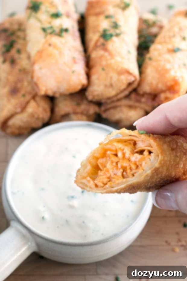 Crispy Blue Cheese Buffalo Chicken Egg Rolls with Homemade Buffalo Sauce