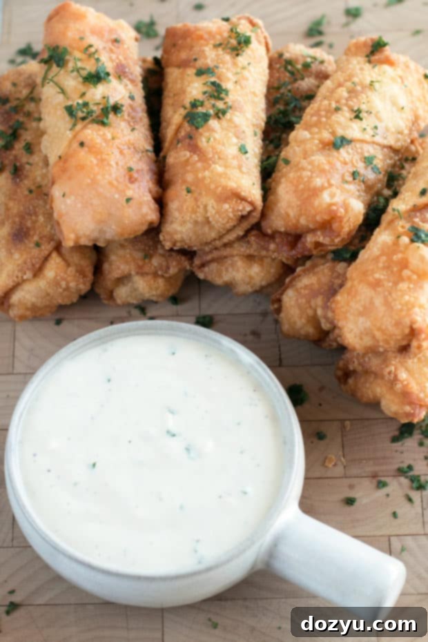 Blue Cheese Buffalo Chicken Egg Rolls with dipping sauce
