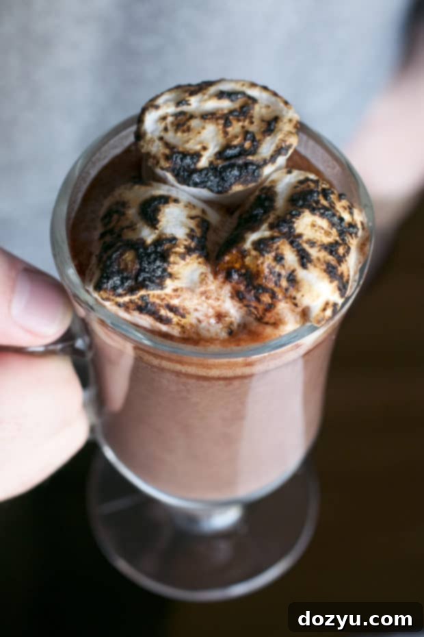Overhead shot of a clear mug filled with Pumpkin Bourbon Hot Chocolate, topped with toasted marshmallows, on a dark wooden surface.