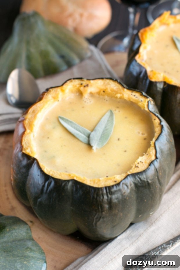 Stunning Individual Ginger Acorn Squash Soup Bowls for a Thanksgiving appetizer. A creamy, savory, and slightly spicy holiday recipe.