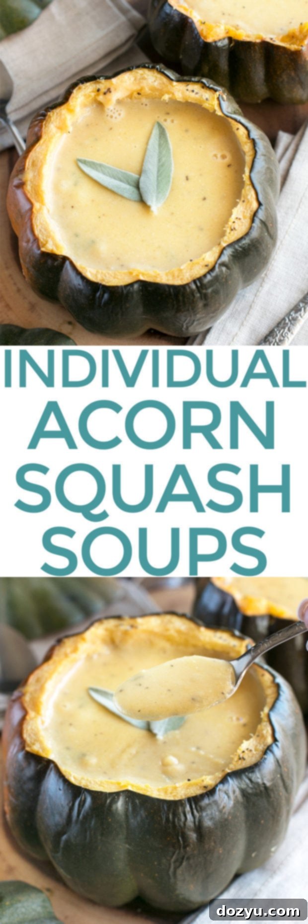 Pinterest graphic for Individual Ginger Acorn Squash Soup Bowls, featuring the recipe title and enticing image for sharing.