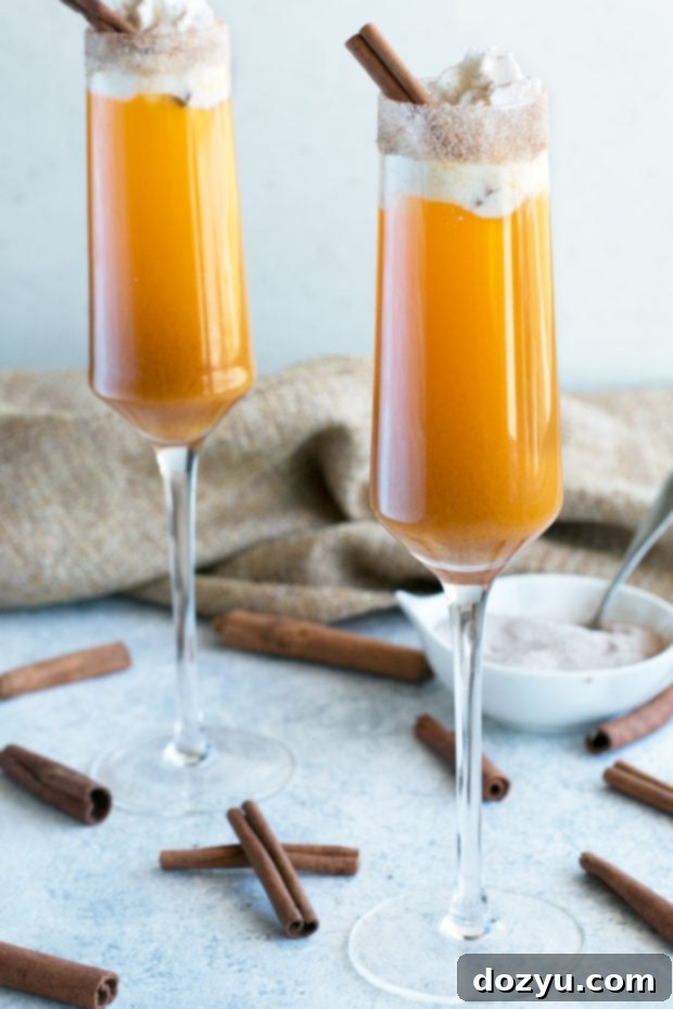 Spiced Pumpkin Mimosa 3 A close-up of a Pumpkin Pie Mimosa with a frothy whipped cream topping and a cinnamon stick garnish, perfect for a cozy fall brunch.