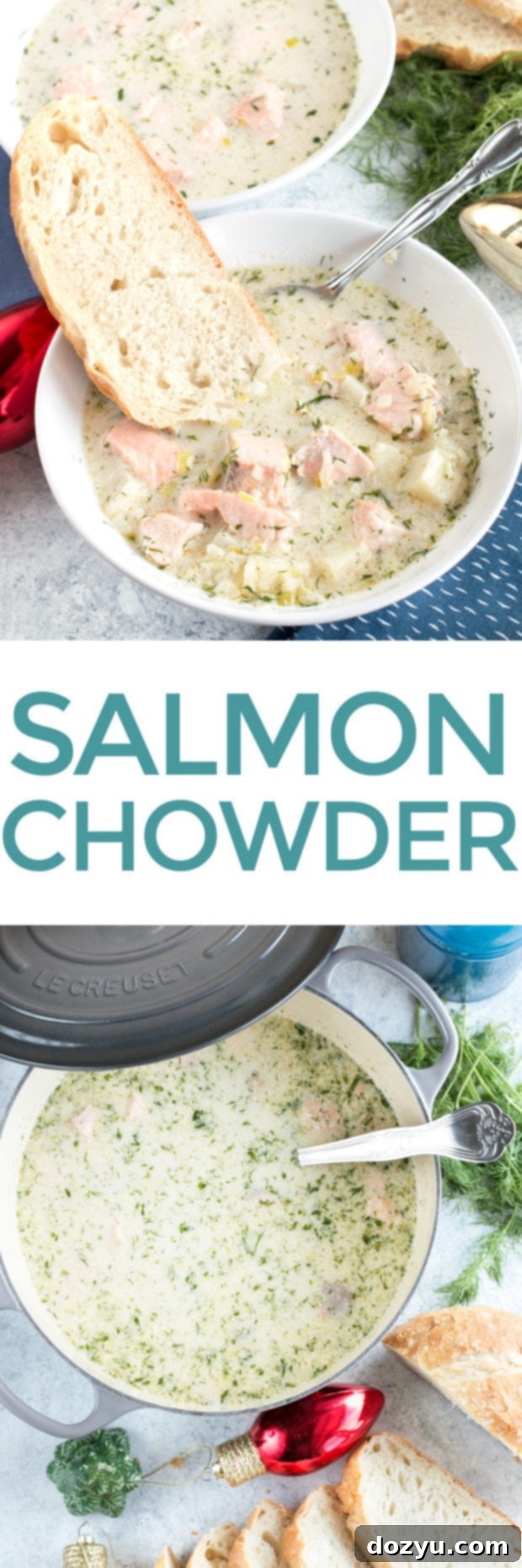 Delicious Salmon Chowder recipe card image, perfect for pinning to your recipe boards. #pinrecipe #salmon #chowder #seafood