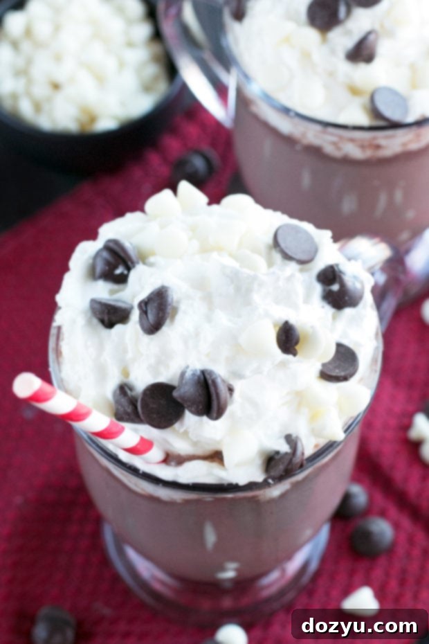 Boozy Zebra Hot Chocolate garnished with whipped cream and chocolate shavings