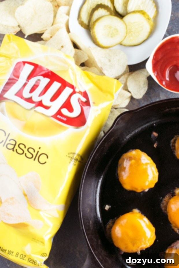 Burgers in pan with chips and pickles overhead photo