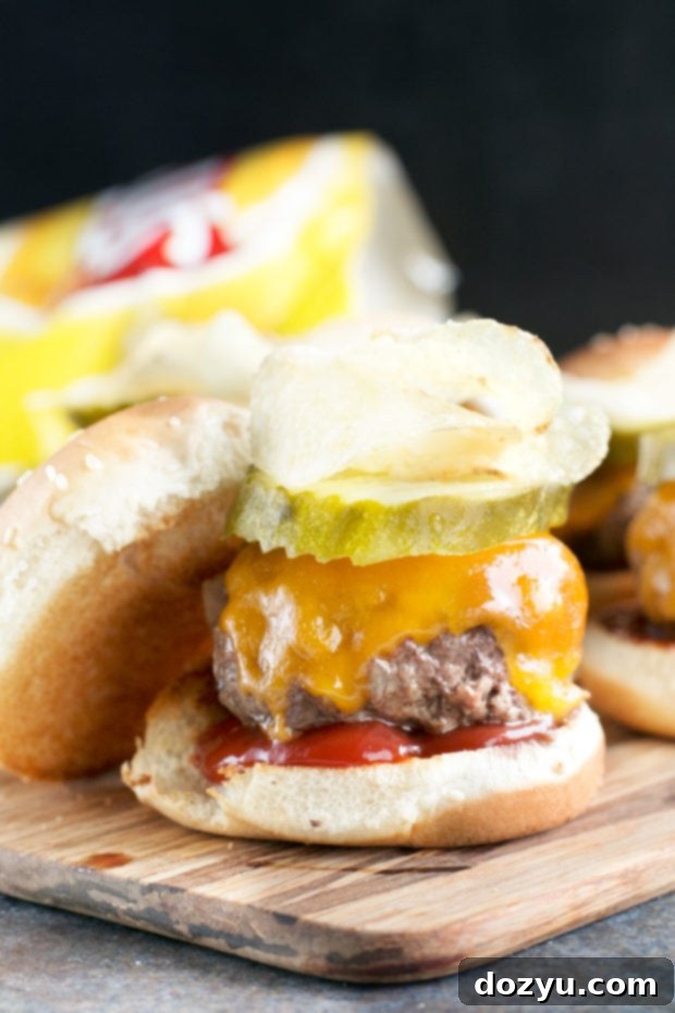 Crunch Cheeseburger Sliders, stacked and ready to eat