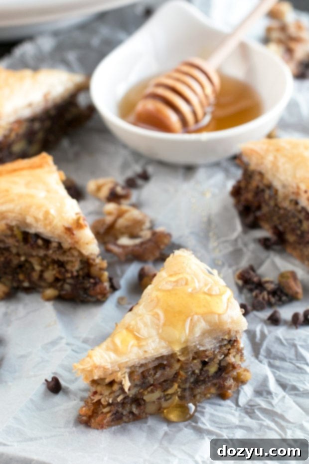 Chocolate Pistachio Baklava with Bourbon Orange Honey Syrup
