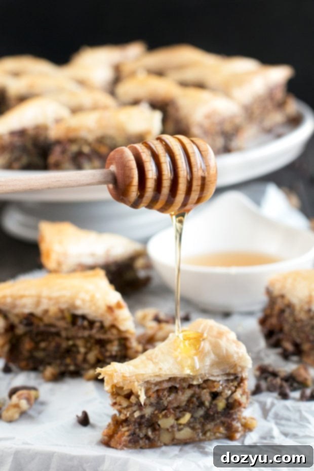 Chocolate Pistachio Baklava with Bourbon Orange Honey Syrup