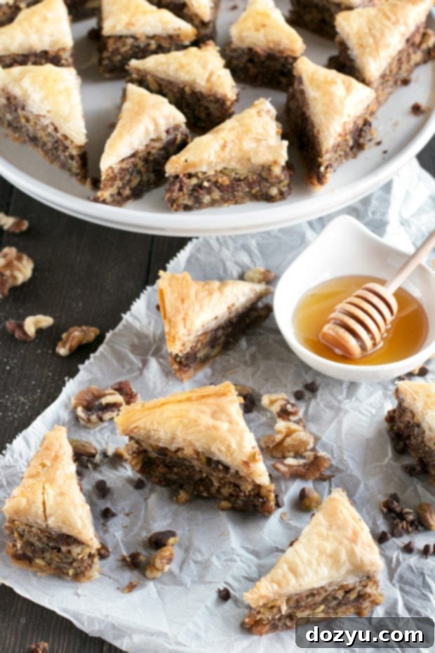 Chocolate Pistachio Baklava with Bourbon Orange Honey Syrup