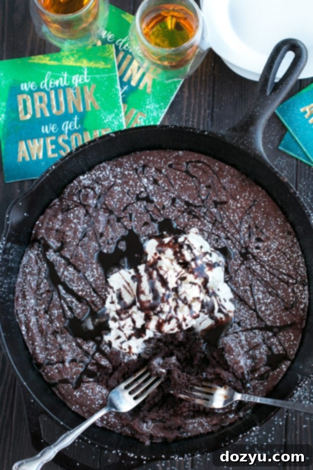 Whiskey Brownie Skillet Baileys Ice Cream Indulgence 2 Gooey Whiskey Skillet Brownie topped with creamy Bailey’s No-Churn Ice Cream, a perfect St. Patrick’s Day dessert