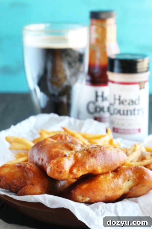 Close-up of golden crispy BBQ Beer Battered Fish filet