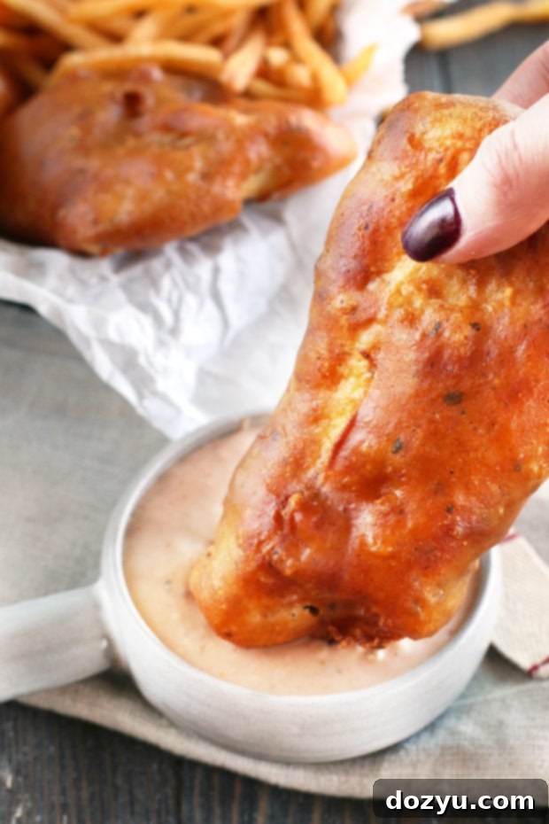 Plate of BBQ Beer Battered Fish and Chips with a side of BBQ tartar sauce and a London Mule