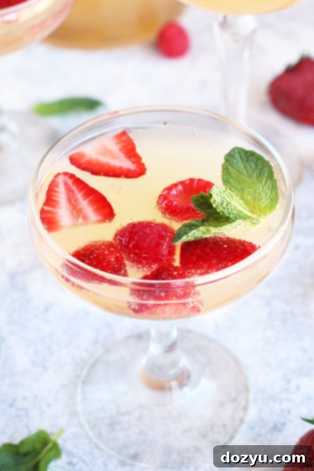 Effortless Bubbly Berry Sangria 6 A close-up shot of a glass of Easy Champagne Sangria with berries and mint.