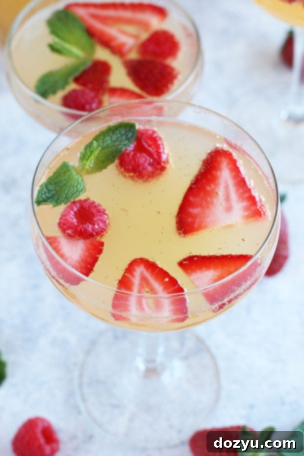 Effortless Bubbly Berry Sangria 7 A hand holding a coupe glass filled with Easy Champagne Sangria, showing the berries and mint.