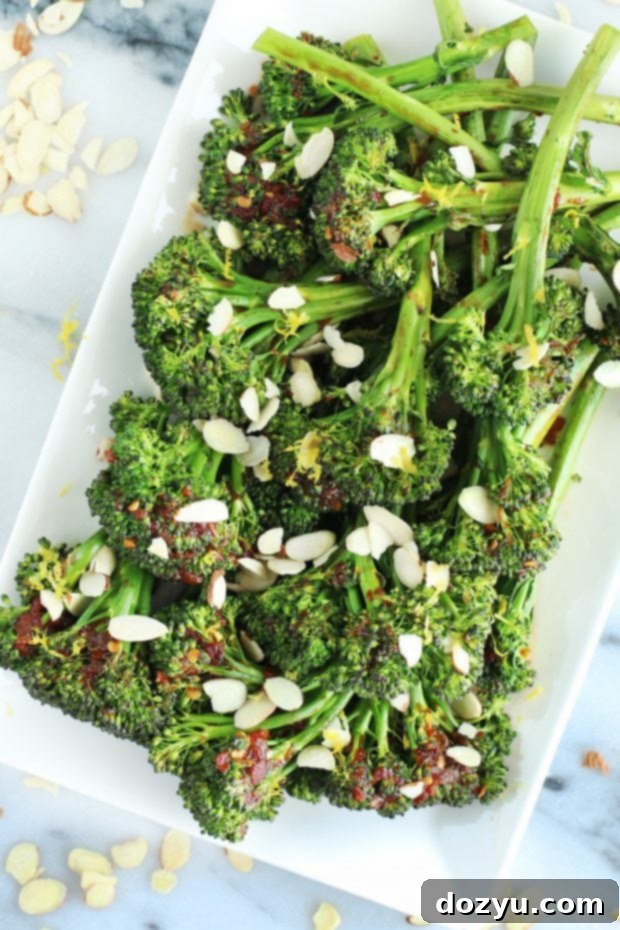 Spicy-Sweet Roasted Broccolini on a serving plate