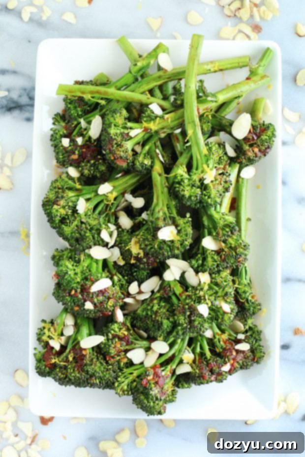 Spicy-Sweet Roasted Broccolini ready to be served