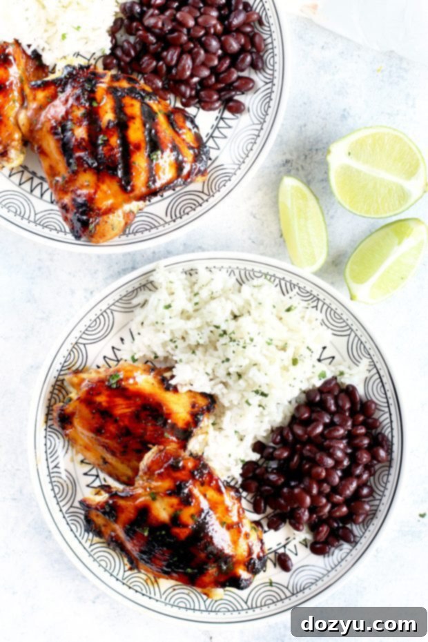 Close-up of grilled Tequila Lime Chicken Thighs with char marks
