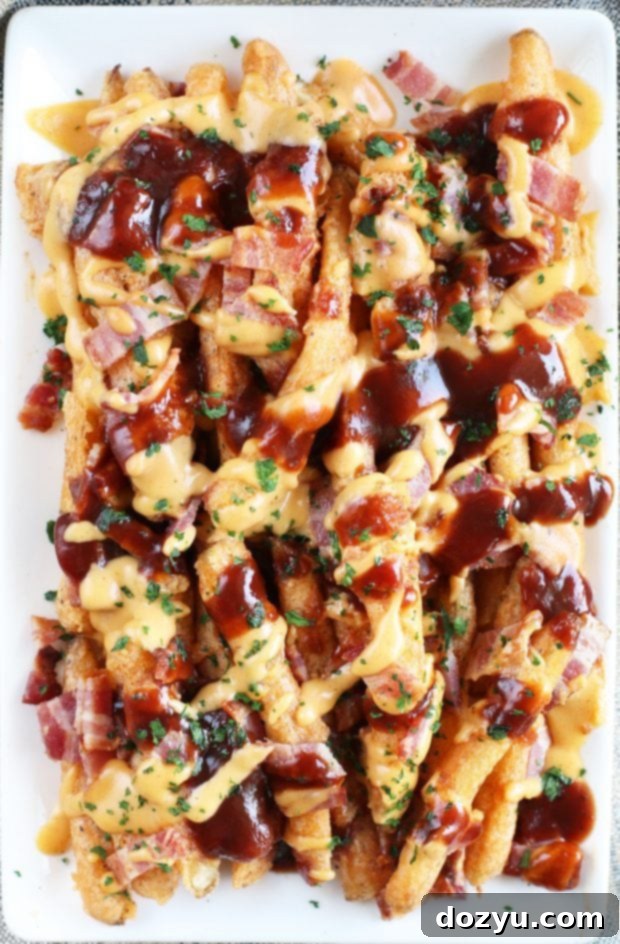 Addictive BBQ Bacon Fries 3 Close-up of crispy beer-battered fries loaded with cheese, bacon, and BBQ sauce