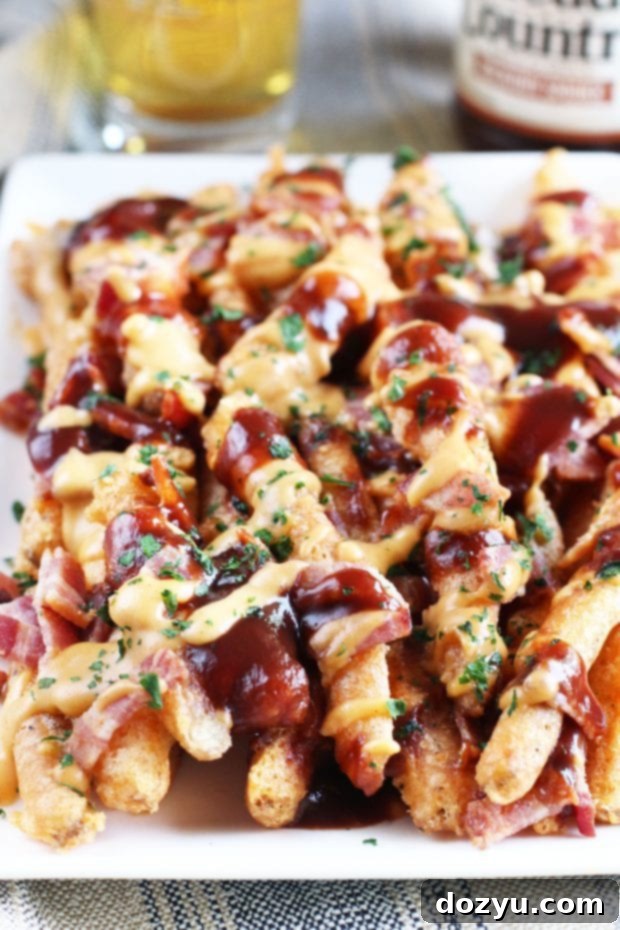 Addictive BBQ Bacon Fries 7 BBQ Bacon Crack Fries in a close-up, showing rich sauce and crispy toppings