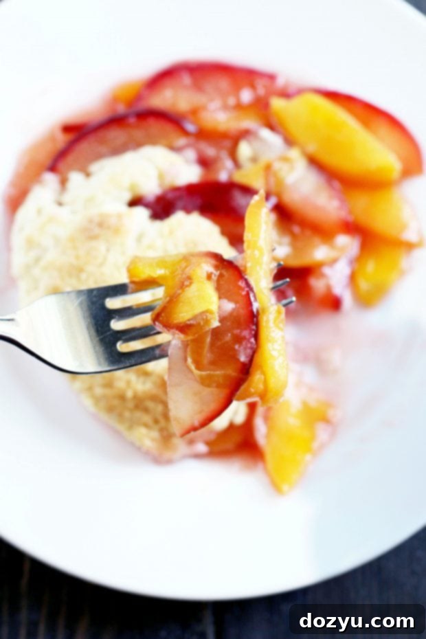 Scoop of Peach Plum Cobbler in a bowl, ready to serve