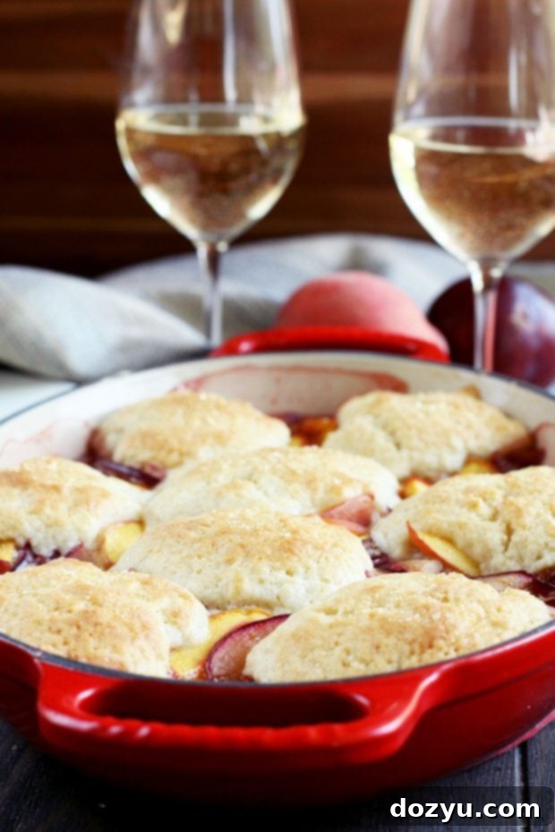 Ingredients for Peach Plum Cobbler laid out on a kitchen counter