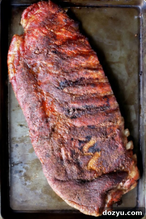 Close-up of a rack of Pumpkin Spice Dry Rub Ribs, beautifully seasoned