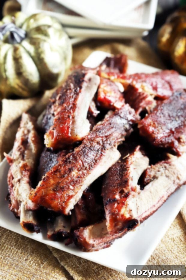 A delicious rack of Pumpkin Spice Dry Rub Ribs, perfectly cooked