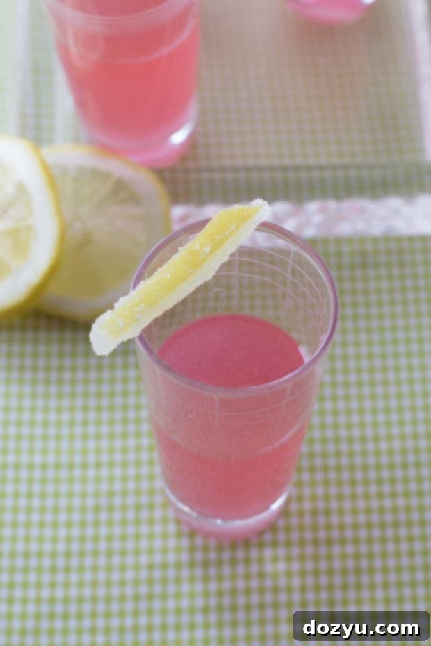 Zesty Pink Lemonade Shots 2 Pink Lemonade Shot, garnished with perfectly candied lemon peel.