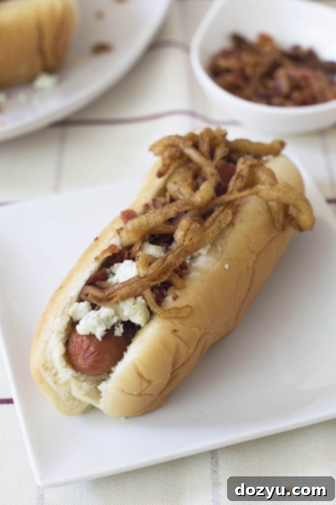 Ultimate Hot Dog with Fried Onions and Blue Cheese