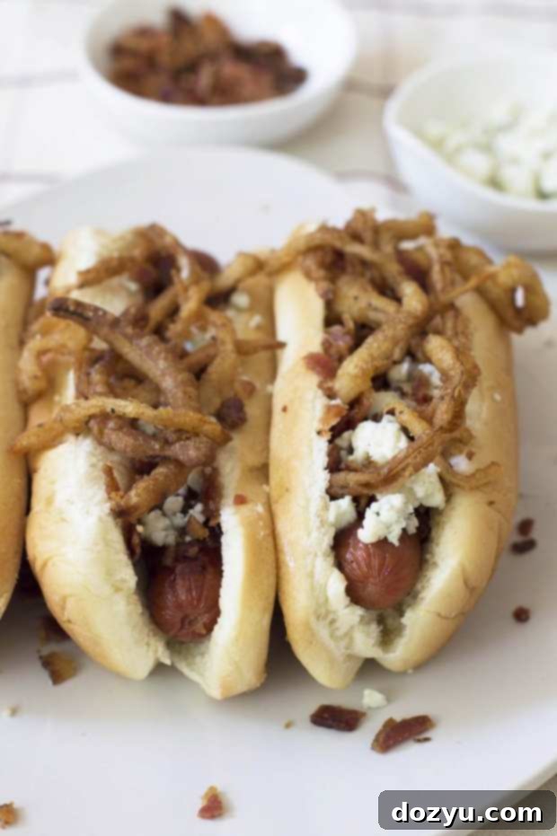 Gourmet Hot Dog with Blue Cheese and Crispy Bacon