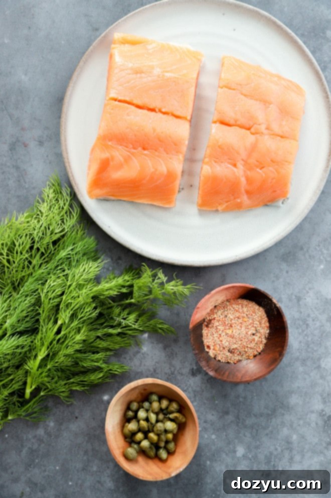 Elevated Salmon Sandwich with Herbed Dill Cream 4 Close-up photo of fresh ingredients laid out for making salmon sandwiches