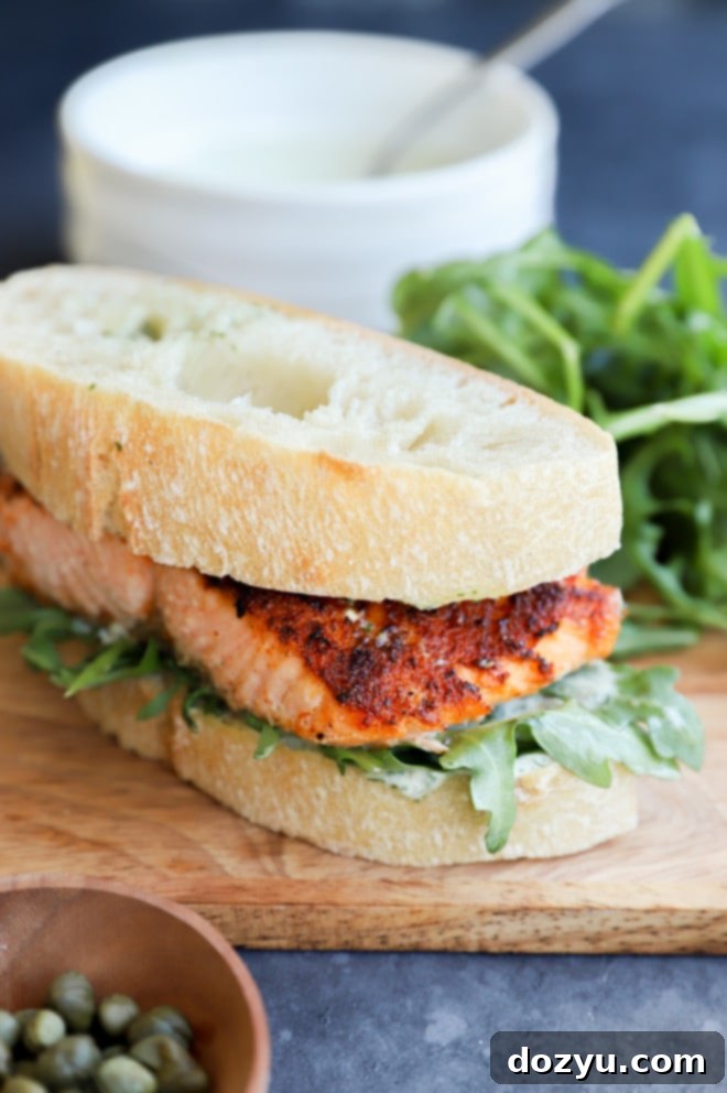 Elevated Salmon Sandwich with Herbed Dill Cream 9 An easy salmon recipe served with bread and a side salad