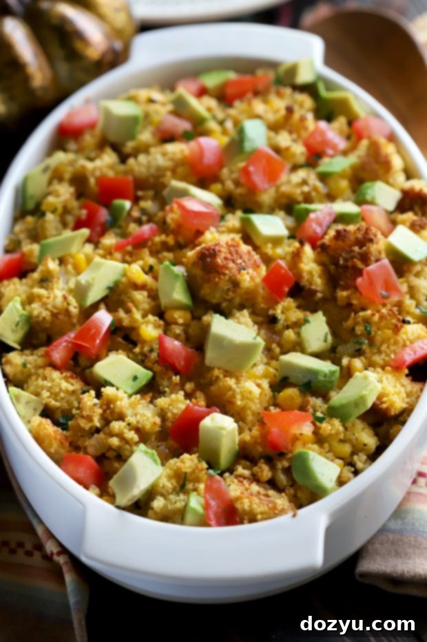 Moist Green Chile Cornbread Stuffing ready to serve