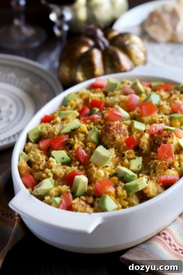 Closeup of Green Chile Cornbread Stuffing in a bowl