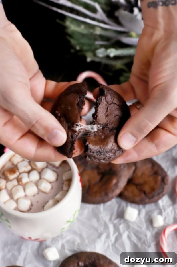 Cozy Peppermint Hot Cocoa Cookies 8 Chewy Peppermint Hot Chocolate Cookie with a visible gooey marshmallow center