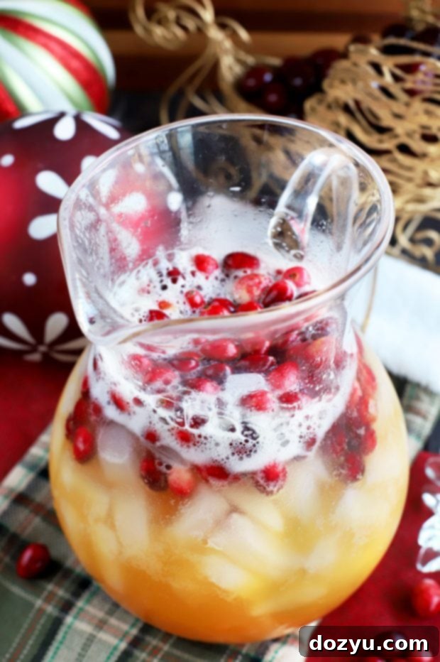 Ingredients for Spiced Tropical Holiday Champagne Punch, including Sprouts mango and pineapple juices, fresh cranberries, and spices.